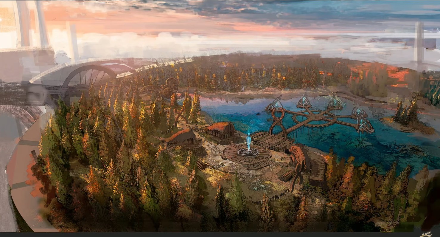 紅葉の森と湖の集落